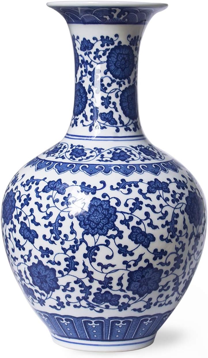 Dahlia Blue and White Vase, Handmade Chinese Porcelain Flower Vase, Lotus Motif, Chinese Bottle Shape 13.5 Inches