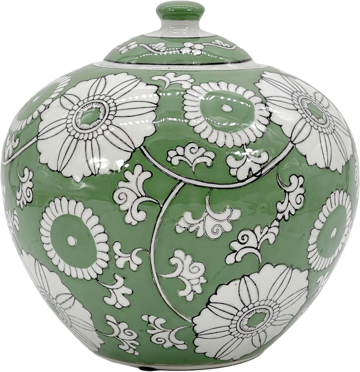 Galt International 8 Green Floral Chinoiserie Jar w/Lid Decorative Ginger Jar Centerpiece Tea Storage Candy Jar Home Decor Vase