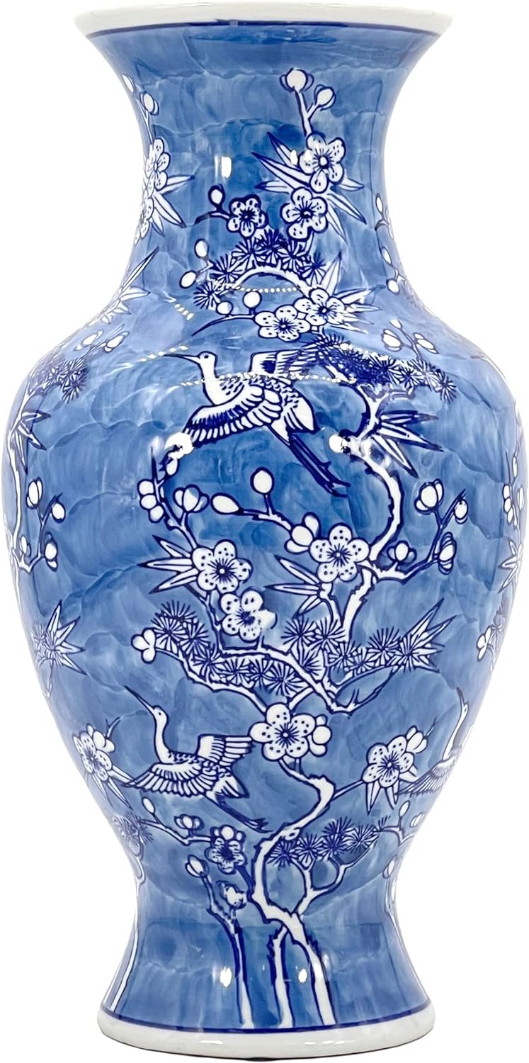 Galt International White & Blue Floral Crane Chinoiserie Ceramic Vase 14 - Hand Painted Antique Style Porcelain Bird & Flower Bottle Fishtail Porcelain Chinese Vase for Home Decor Centerpiece