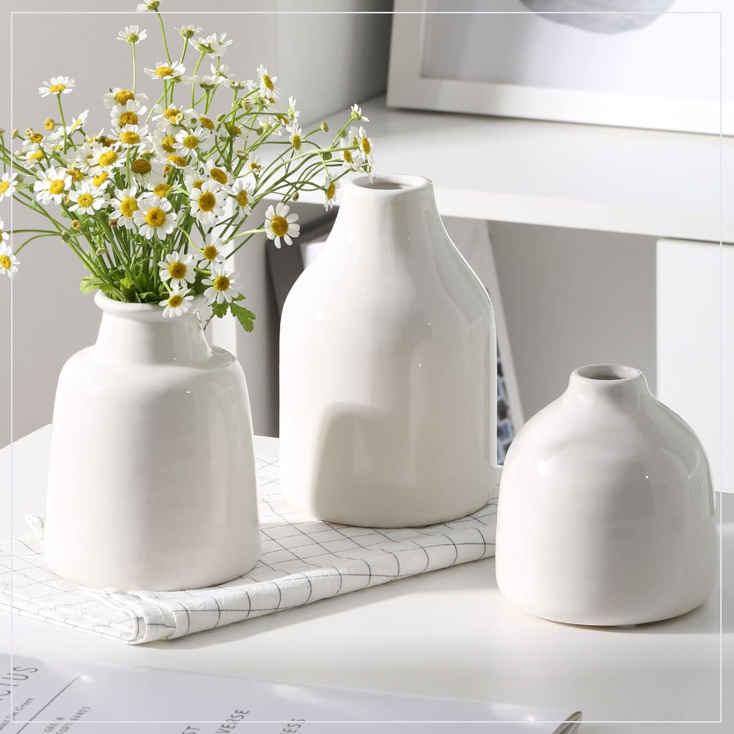 Small Vase Set of 3 for Modern Home Decor,White Ceramic Vases for Centerpieces Flower Vases for Living Room Wedding/Dinner Table/Party -White