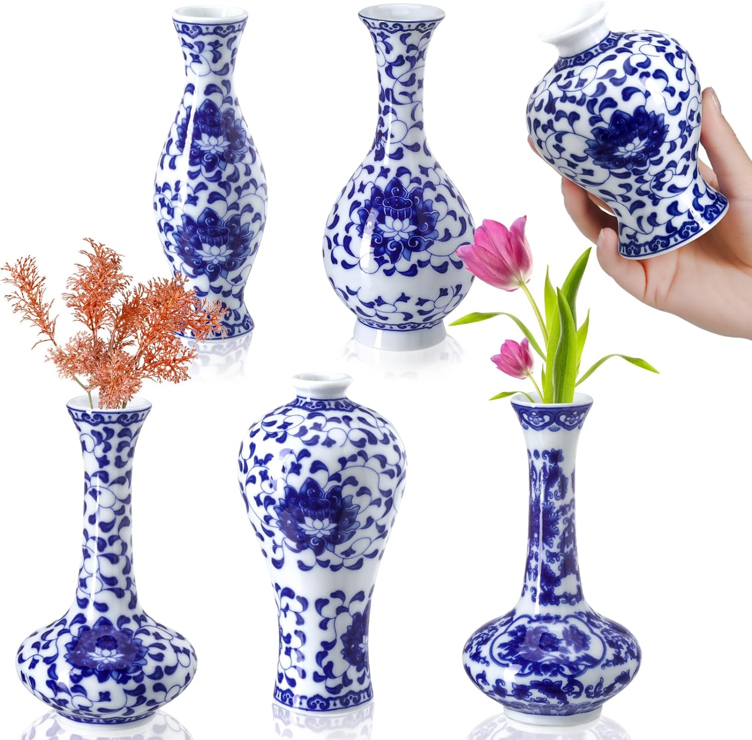 Funtery Set of 6 Small Blue and White Porcelain Vases Christmas Blue Chinoiserie Decor Gifts Ceramic Flower Vases Porcelain Classic 8 Flower Decor for Home Table Centerpieces Bookshelf(Classic Style)