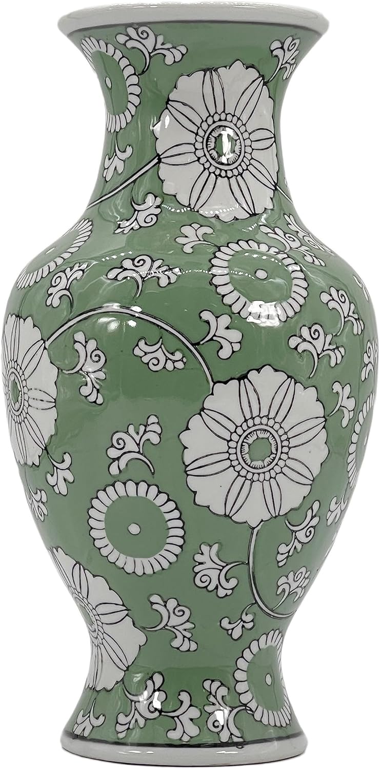 Galt International Floral Chinoiserie Ceramic Vase 14 - Hand Painted Antique Style Porcelain Flower Bottle Fishtail Porcelain Chinese Vase for Home Decor Centerpiece