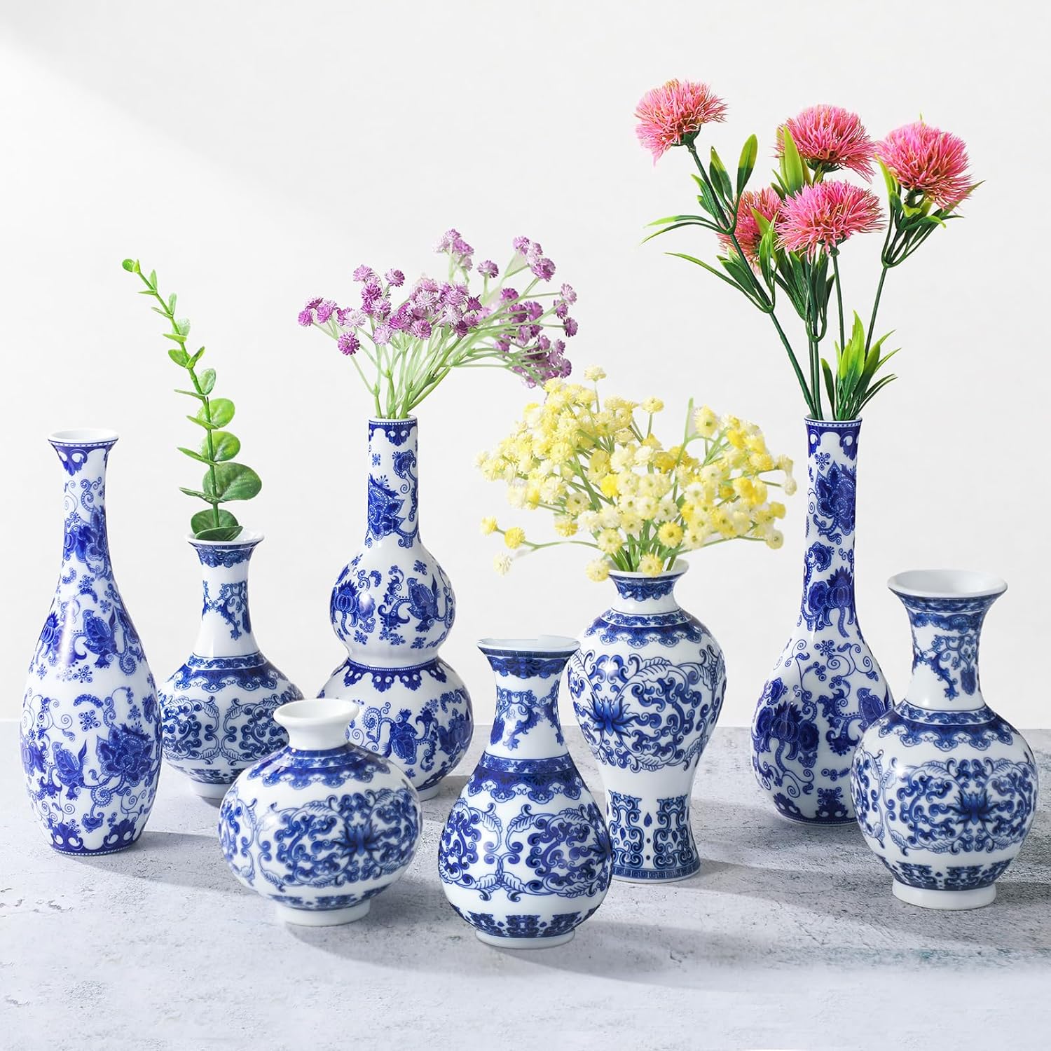 Hushee Set of 8 Chinoiserie Vase Blue and White Porcelain Vases Small Vintage Ceramic Bud Vase Decorative Blue Floral Vase for Home Table Decor Centerpieces Living Room Bookshelf (Elegant)