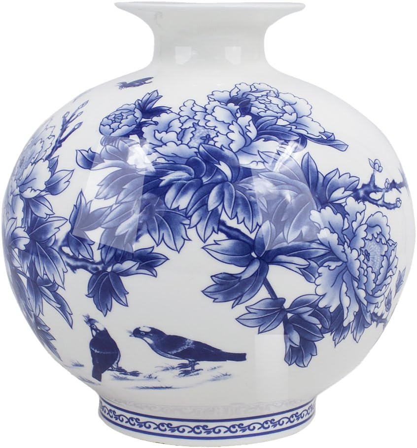 Dahlia Blue and White Vase, Handmade Bone China Flower Vase, Birds in Peony Bush, Pomegranate Shape 6.5 Inches