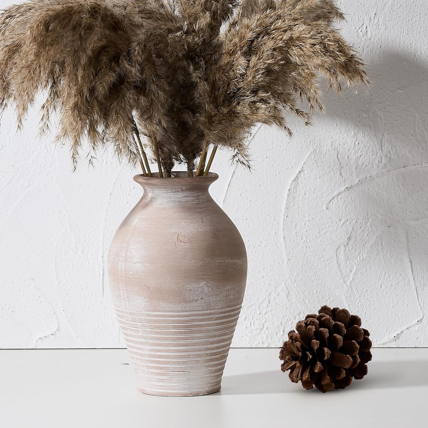 SIDUCAL Ceramic Rustic Farmhouse Vase, 9.2 inch Whitewashed Terracotta Vase, Pottery Vase,Clay Decorative Vases for Home Decor, Table, Living Room, Shelf, Mantel Decoration(Terra Cotta)