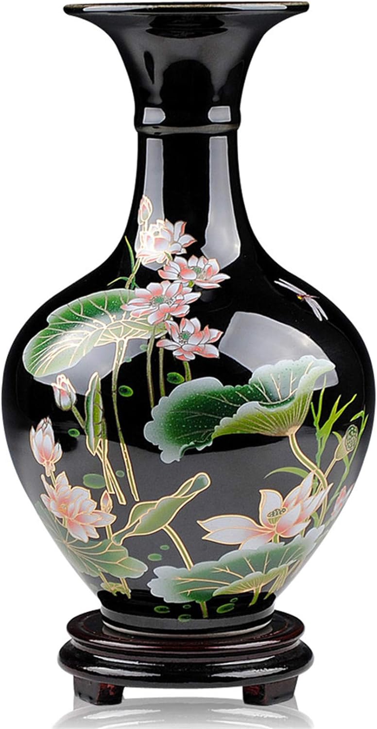 Meightai 9.45'' China Style Decorative Vase, Classic Ceramic Vases for Art Home Decoration, Chinese Retro Porcelain Ceramic Vase with Base, Beauty Lotus Flower Painting, Black