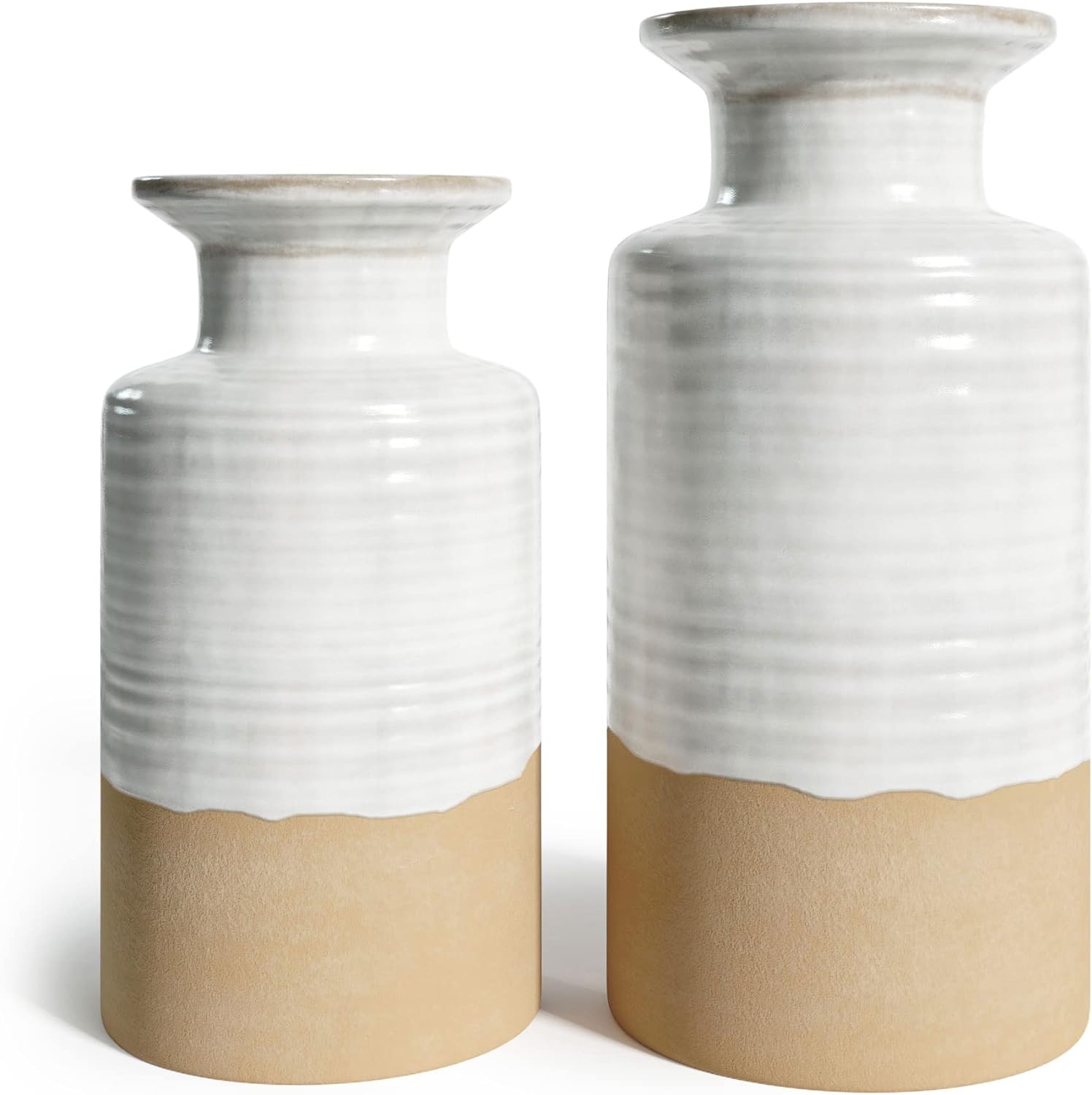 Modern Farmhouse Decor - Stoneware Ceramic Vases for Table - Set of Two Matching Tan Vases for Decor - Watertight Pottery Vase for Home Decor, Ivory/Tan, 9.25/7.5 by Barnyard Designs