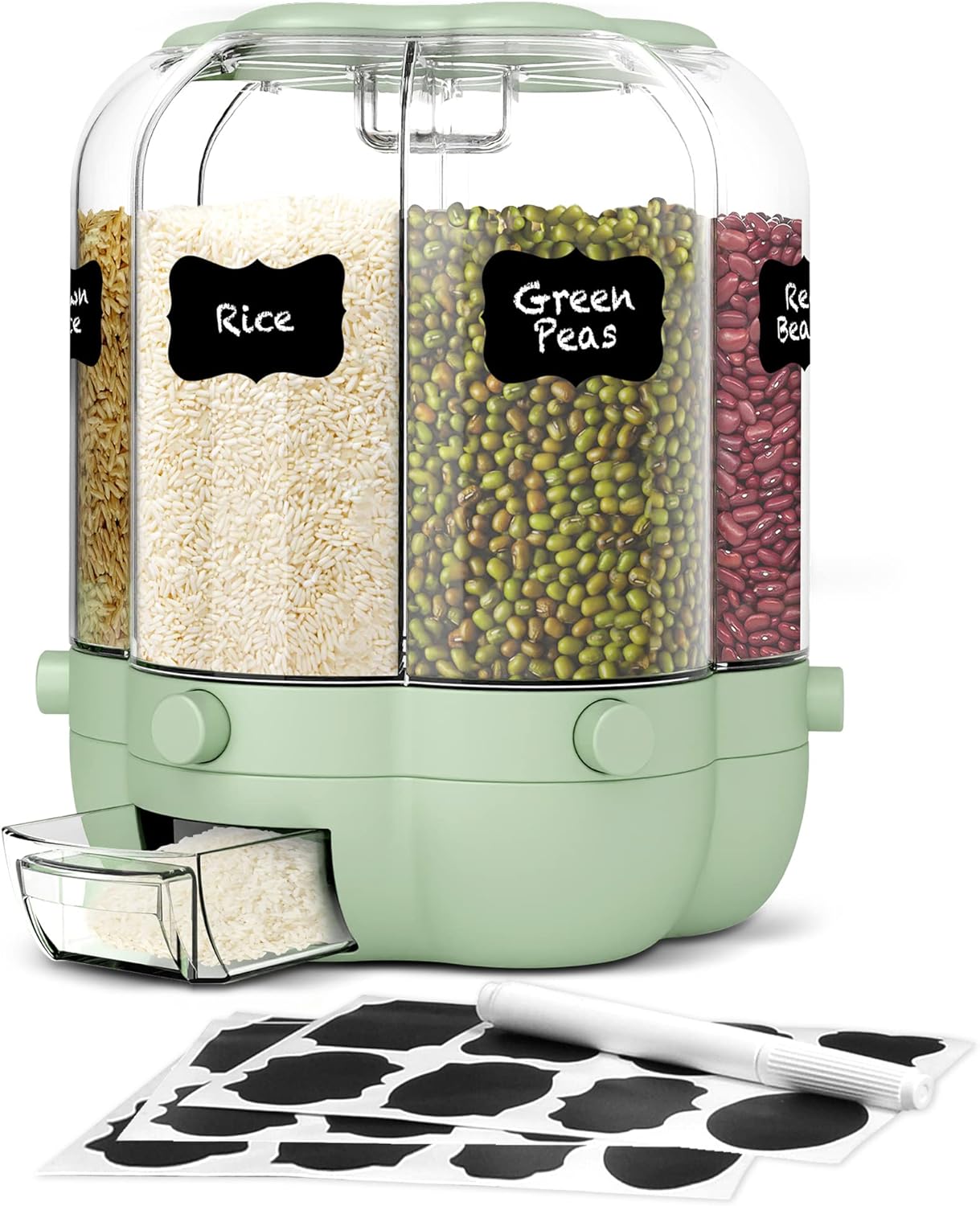 Rice Dispenser 25 Pounds, Kitchen Storage with Chalk Labels and Measuring Cup, Grain Dispenser, 6 Compartment Rice Storage Container, Rotating Food Dispenser for Sunflower Seeds, Popcorn Kernels