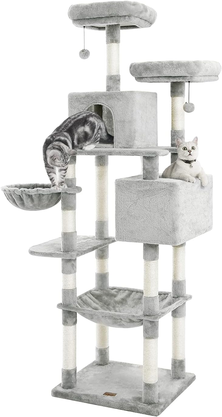 Kilodor Tall Cat Tree, 75inch Cat Tower Multi Level Condo with Large Hammocks, Scratching Posts,Plush Perches Cat Activity Center Light Gray