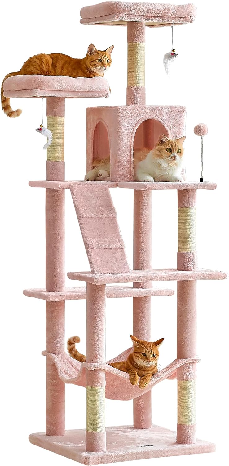 MWPO 70.1-Inch Pink Large Cat Tree, Multi-Level Tall Cat Tower for Indoor Cats, Plush Cat Condo with Big Padded Perches, Sisal-Covered Scratching Posts, Hammock, Toys for Kittens & Cats