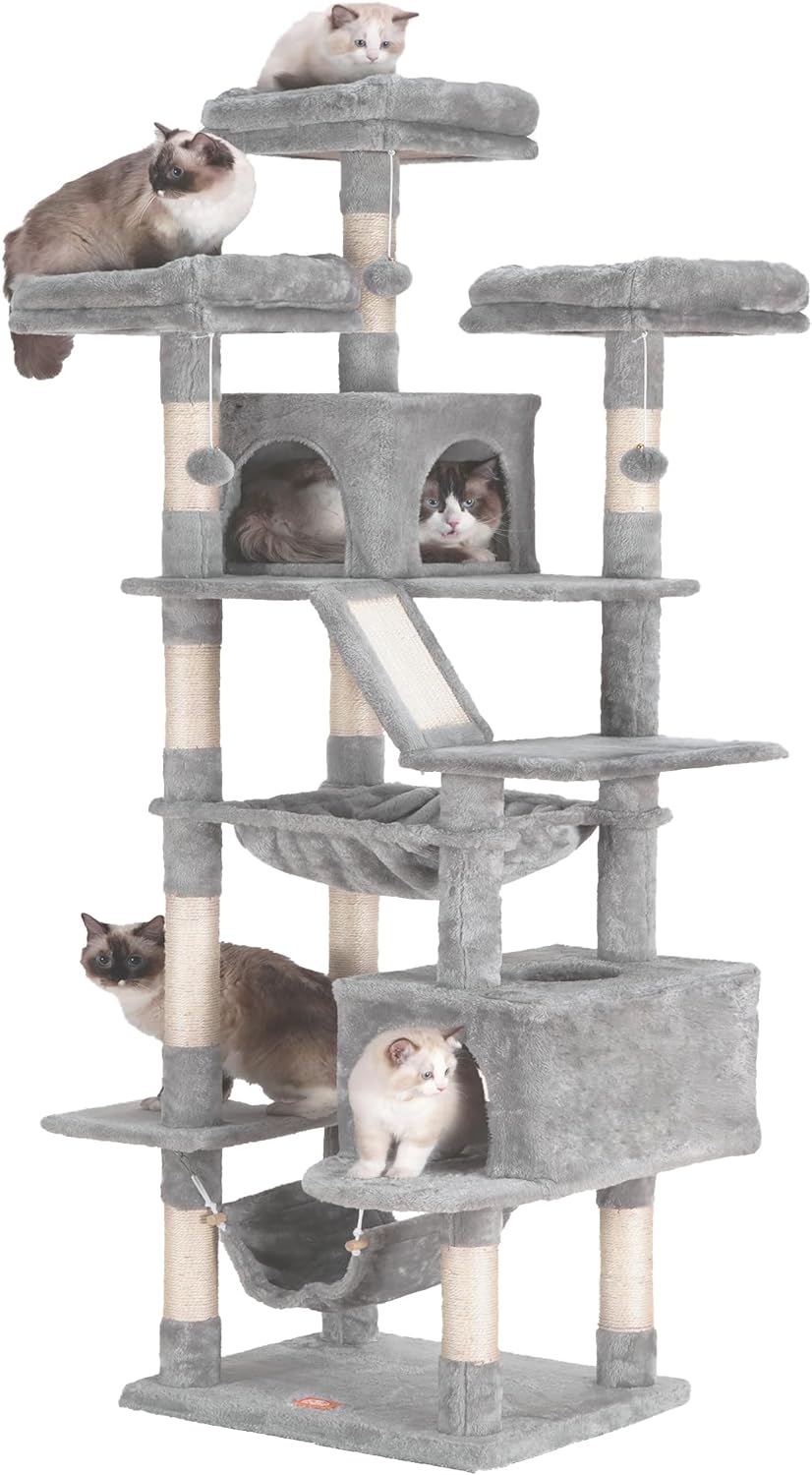 Heybly Cat Tree, 73 inches Tall Cat Tower for Large Cats 20 lbs Heavy Duty for Indoor Cats,Big Cat Furniture Condo for with Padded Plush Perch, Cozy Basket and Scratching Posts Light Gray HCT030W