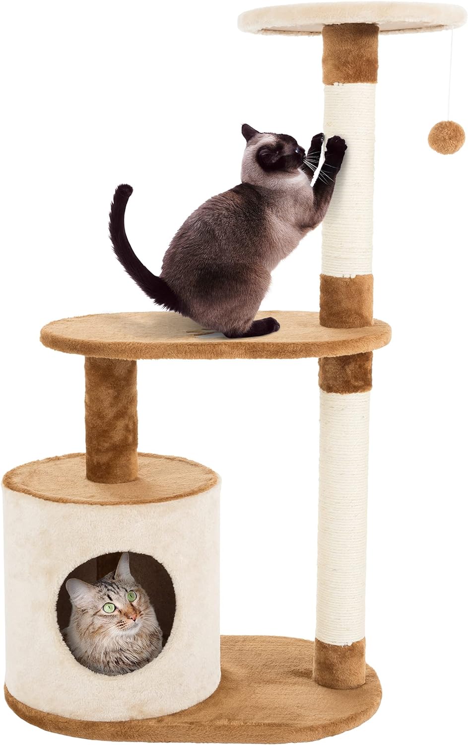 3-Tier Cat Tree - 2 Napping Perches, Kitten Condo, 2 Sisal Rope Scratching Posts, and Hanging Toy - Tower for Indoor Kitties by PETMAKER (Brown)