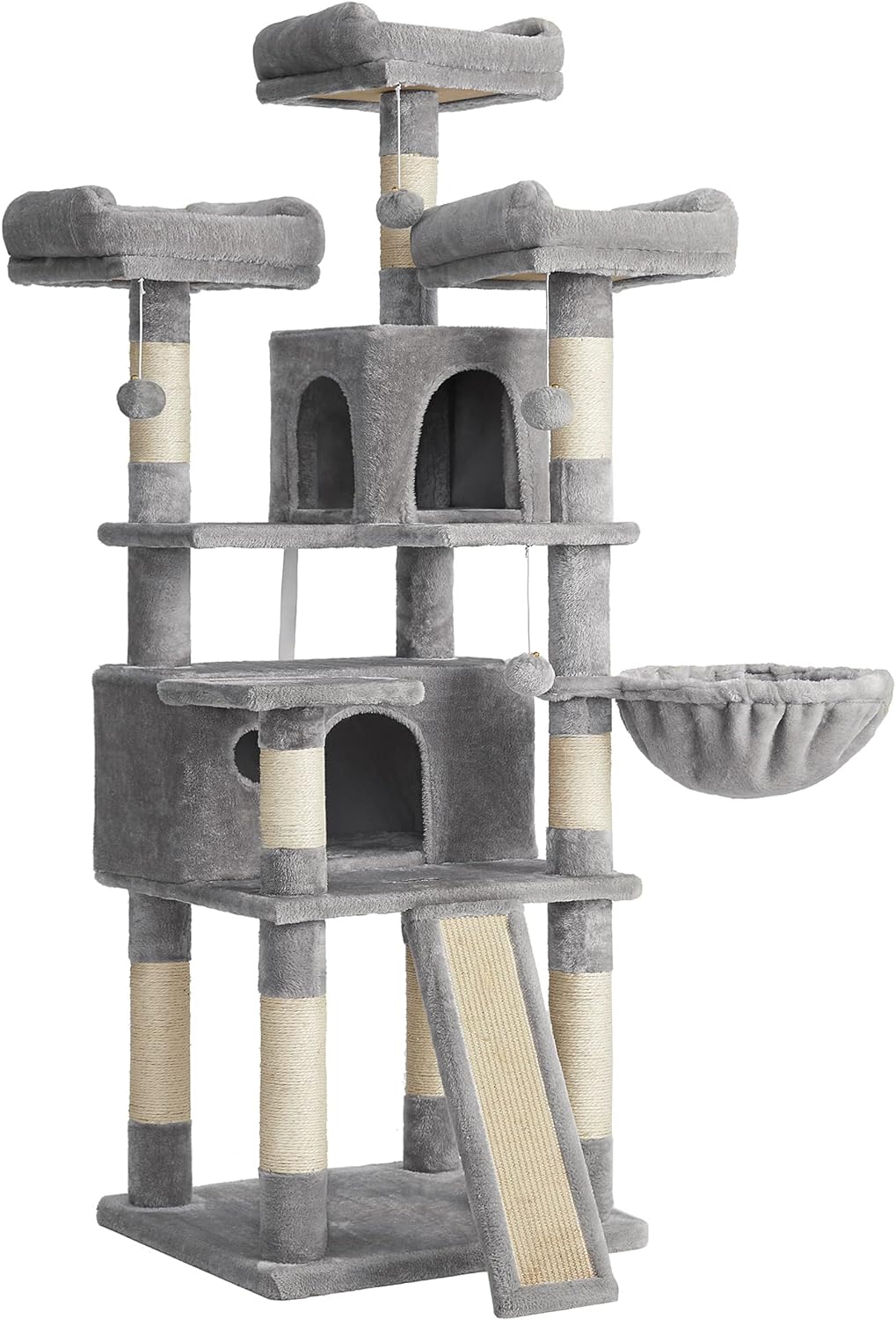 FEANDREA Cat Tree, Large Cat Tower, Cat Condo with Scratching Posts, Board, 2 Caves, 3 Plush Perches, Activity Center, 66.5 Inches, Light Gray UPCT019W01