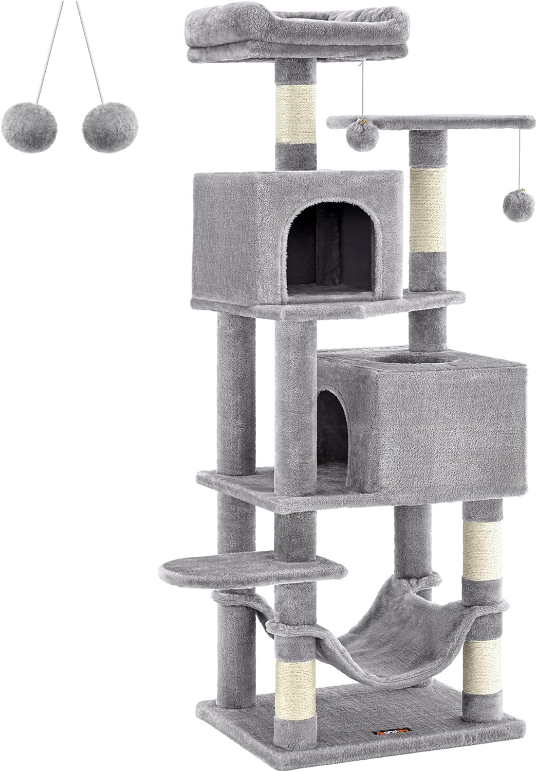 Feandrea Cat Tree, 61-Inch Cat Tower for Indoor Cats, Plush Multi-Level Cat Condo with 5 Scratching Posts, 2 Perches, 2 Caves, Hammock, 2 Pompoms, Light Gray UPCT192W01