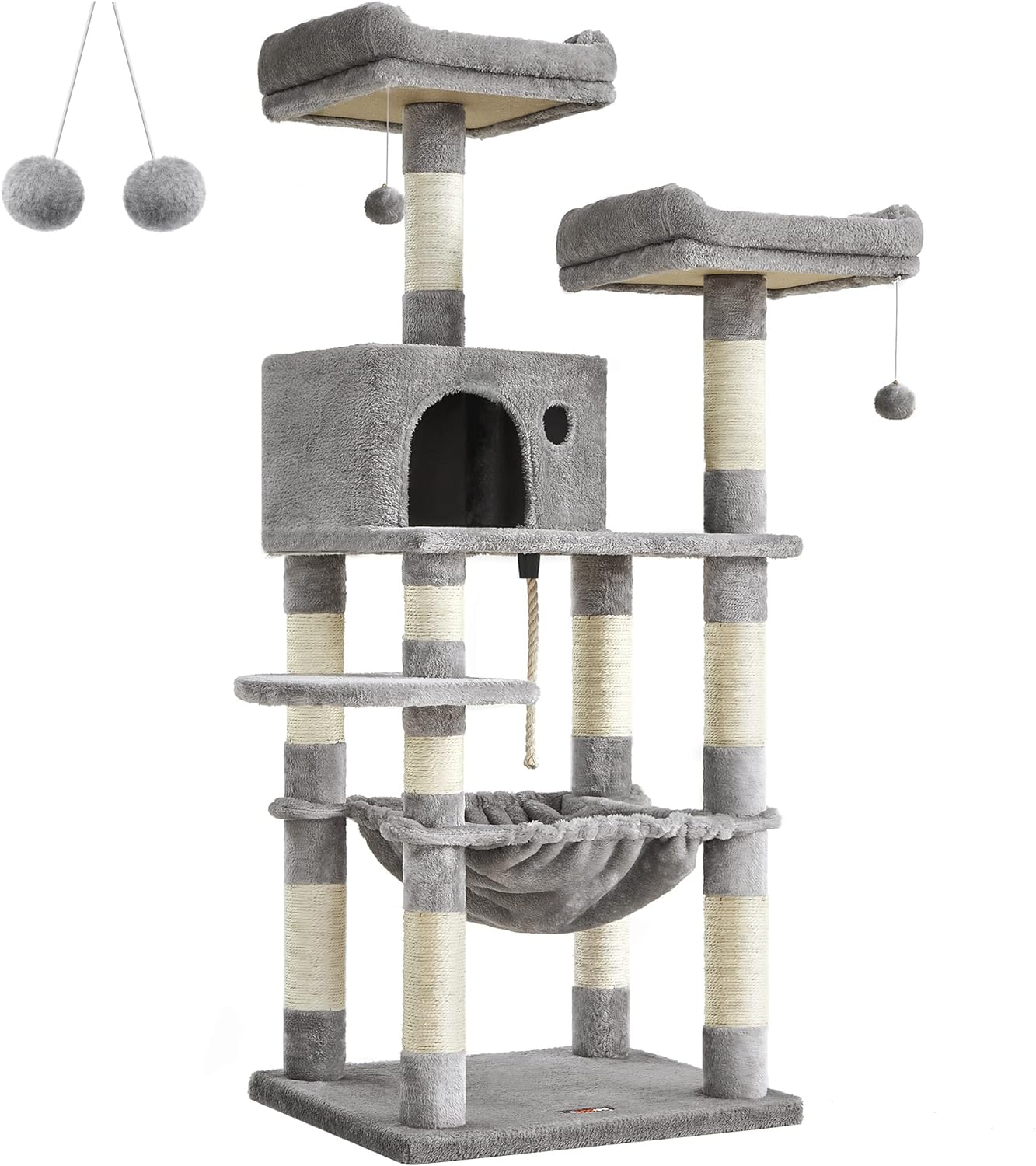 FEANDREA Cat Tree, Cat Tower for Indoor Cats, 56.3-Inch Cat Condo with Scratching Posts, Hammock, Plush Perch, Light Gray UPCT15W