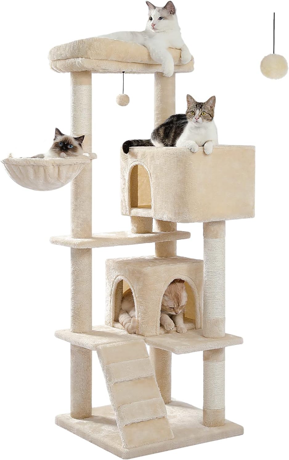 MUTTROS Cat Tree for Large Cats Adult with Super Large Top Perch, 56.3 Cat Tower for Large Cats with Plush Hammock, Cat Shelves and Dangling Pompom, Cat Scratching Posts and 2 Condos Houses, Beige