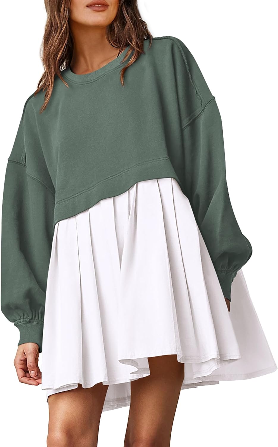 PRETTYGARDEN Women' Casual Sweatshirt Dress Long Sleeve Patchwork Pullover Tops Pleated Mini Dresses