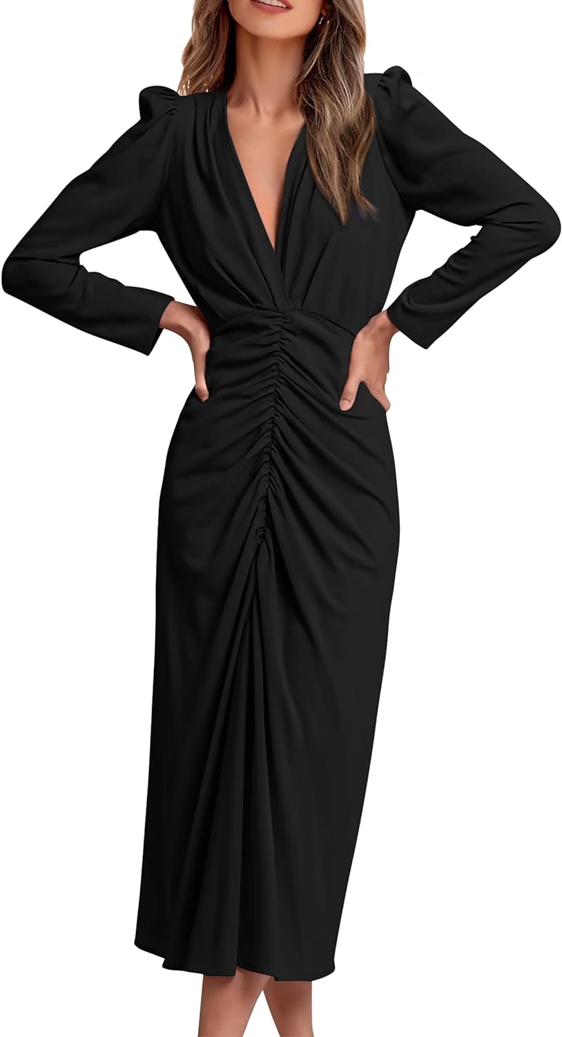 PRETTYGARDEN Women' 2023 Fall Maxi Dress Long Sleeve Deep V Neck Ruched Slit Casual Formal Elegant Party Cocktail Dresses