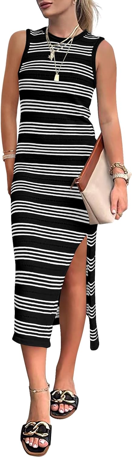 PRETTYGARDEN Women' Summer Bodycon Sundresses Casual Midi Sleeveless Hollow Out Knit Side Slit Striped Long Tank Dress