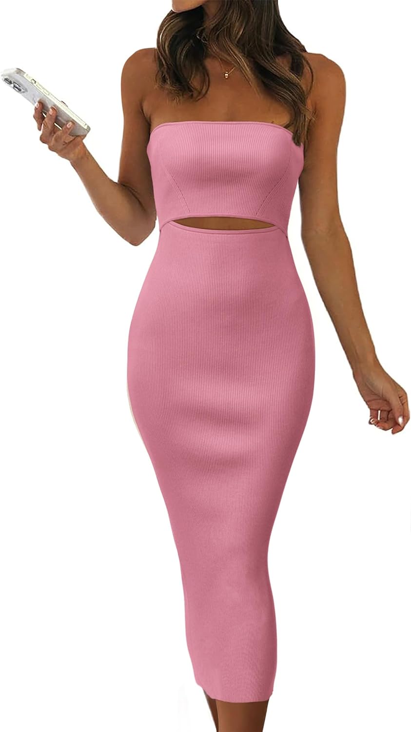 PRETTYGARDEN Women' Summer Midi Bodycon Dress Strapless Cut Out Knit Tube Long Fitted Dresses