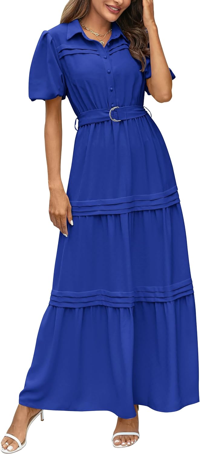 PRETTYGARDEN Women' Summer Maxi Dress Puff Short Sleeve Lapel V Neck Tiered A Line Flowy Elegant Party Dresses with Belt