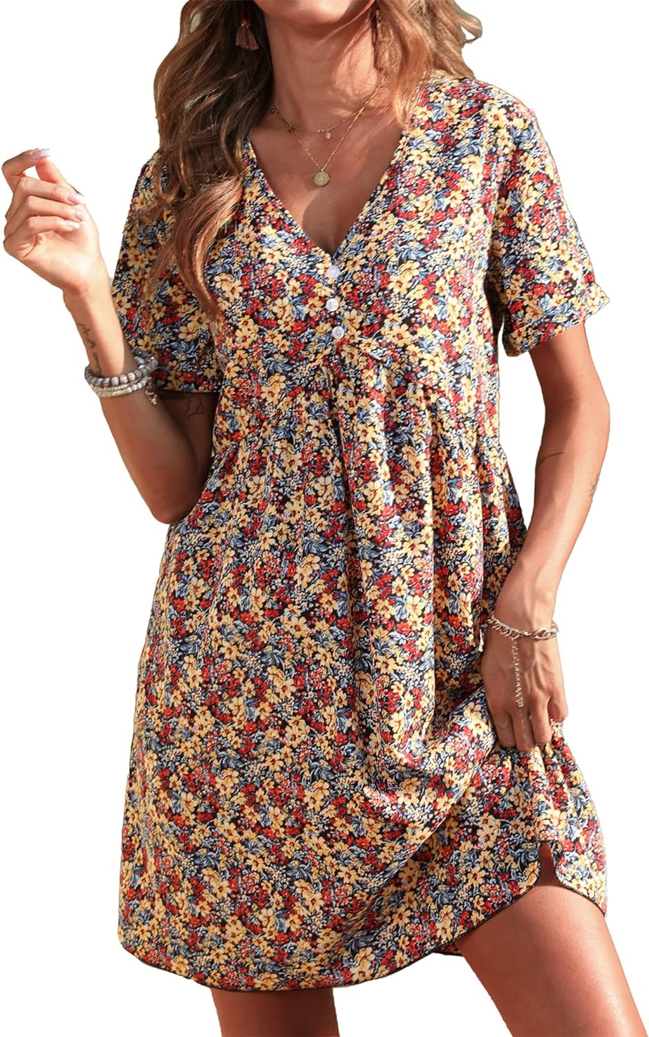 PRETTYGARDEN Summer Dress for Women 2024 Short Sleeve V Neck Ruffle Floral Swing A-Line Short Dresses