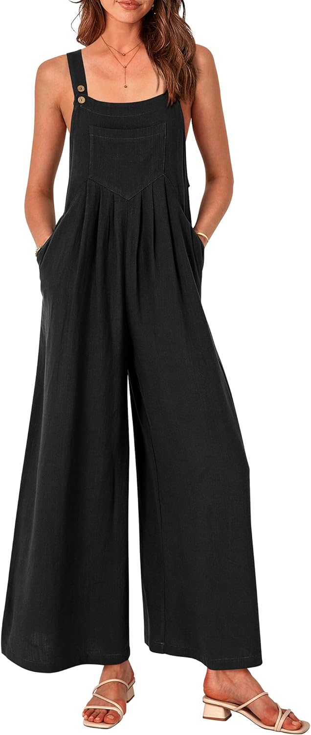 PRETTYGARDEN Women' Bib Overalls Casual Summer Sleeveless Strap Loose Wide Leg Jumpsuits with Pockets