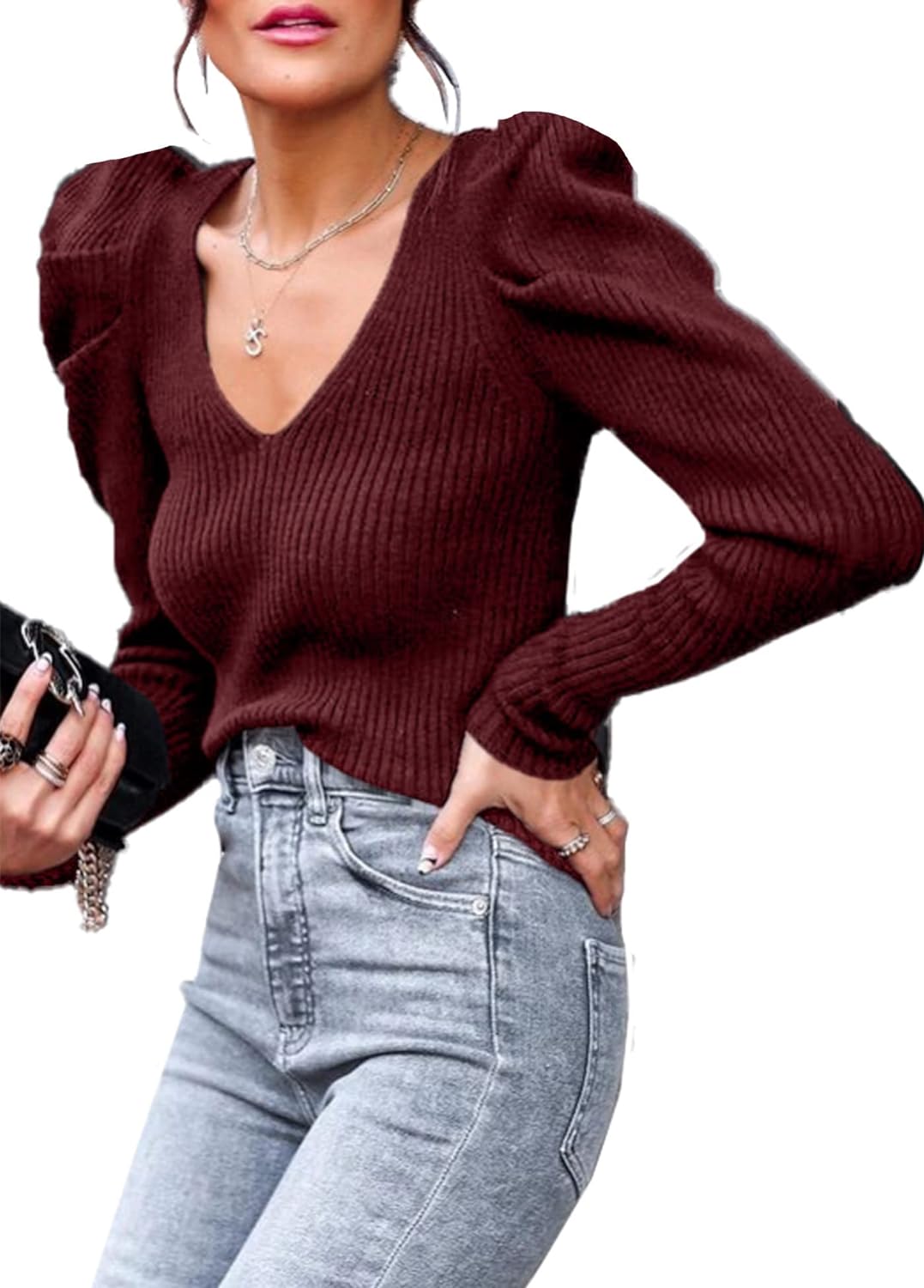 PRETTYGARDEN Women' Rib Knit Pullover Sweater Casual Long Puff Sleeve V Neck Solid Color Jumper Blouse Tops