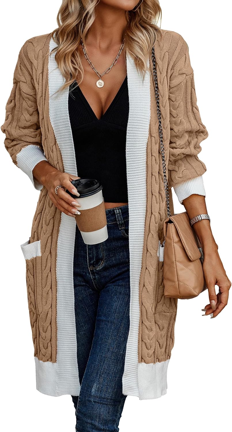 PRETTYGARDEN Women' 2024 Fall Cable Knit Cardigan Sweaters Casual Long Sleeve Open Front Loose Outerwear Coats