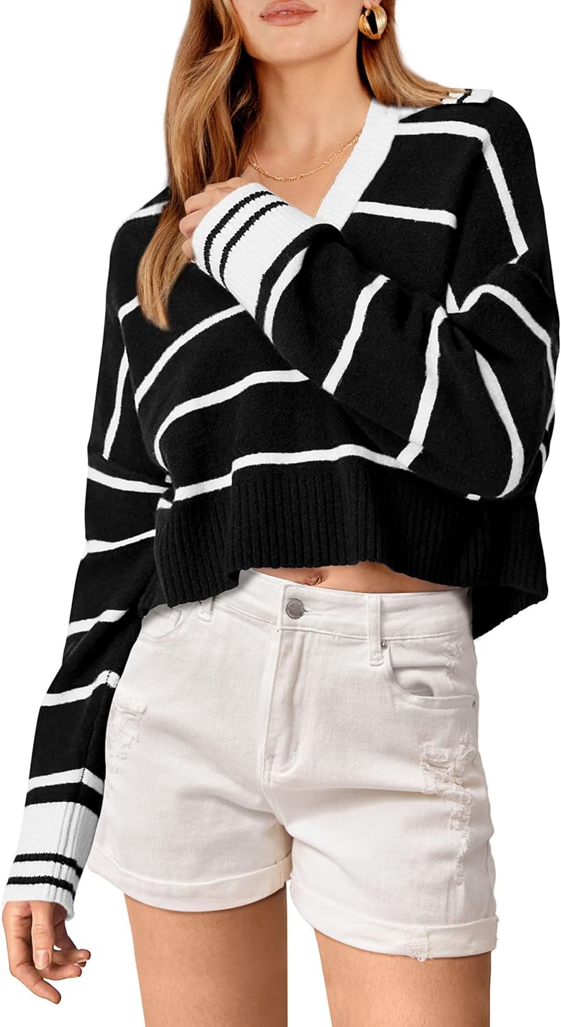 PRETTYGARDEN Women' Pullover Striped Sweaters Casual Lapel V Neck Long Sleeve Ribbed Knit Loose Jumper Top