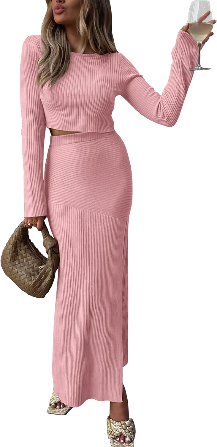 PRETTYGARDEN 2023 Fall 2 Piece Outfits For Women Rib Knit Crop Top And Slit Maxi Dress Skirt Sets Tracksuit