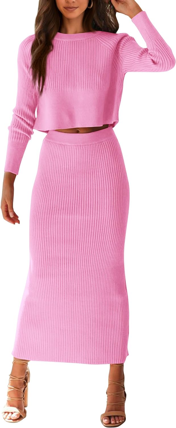 PRETTYGARDEN Women' Winter 2 Piece Sweater Set Rib Knit Long Sleeve Crop Top Maxi Bodycon Skirt Casual Outfits