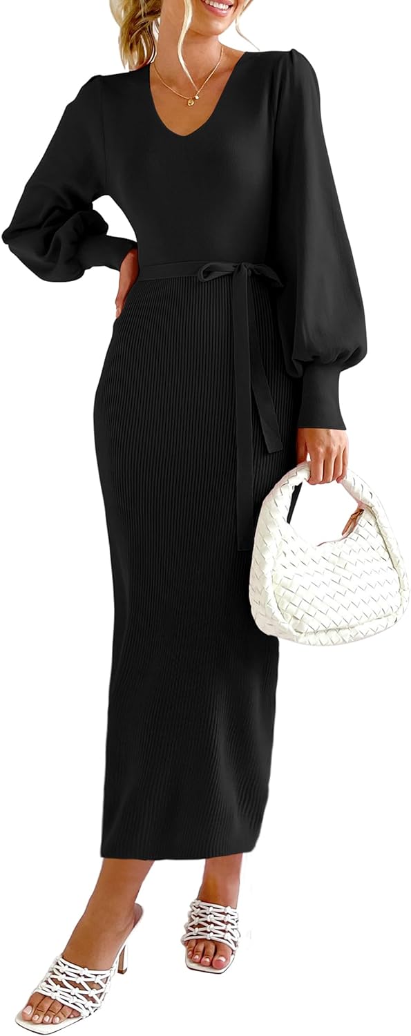 PRETTYGARDEN Women' 2024 Fall Knit Pullover Sweater Elegant Long Lantern Sleeve V Neck Maxi Dress