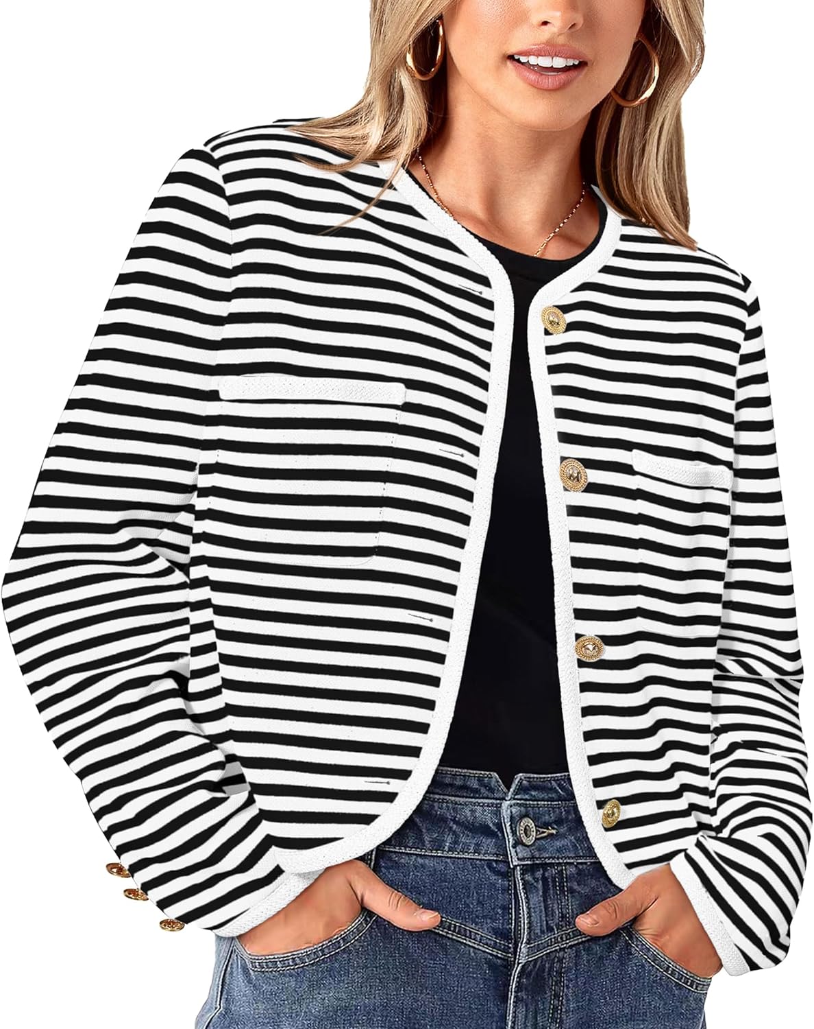 PRETTYGARDEN Women' Striped Cardigan Jacket Casual Long Sleeve Knit Button Down Shirts Fall Winter Outerwear