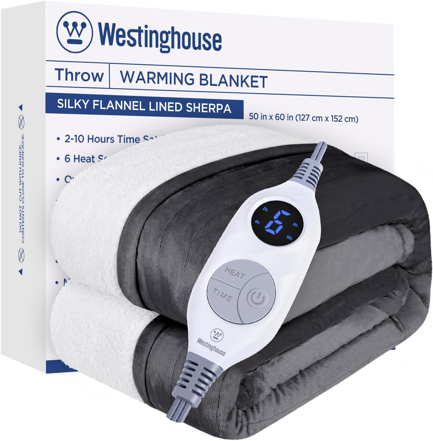 Westinghouse Heated Throw Blanket, Soft Flannel to Sherpa Electric Throw with 6 Heating Levels, 2-10 Hours Time Settings, Fast Heating, Machine Washable 50x60, Charcoal