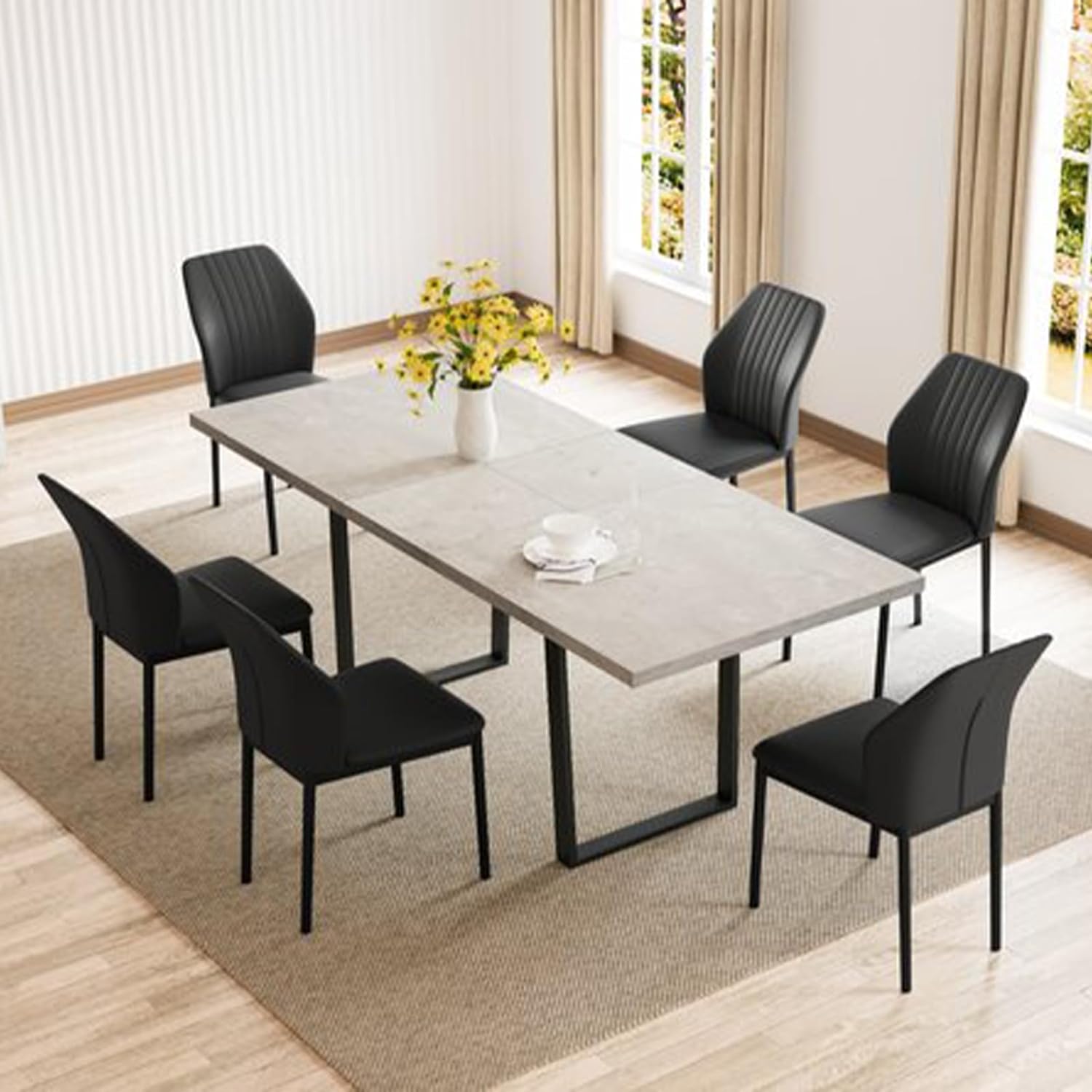 ZckyCine Modern Mid-Century Dining Table Set for 6-8 People Kitchen Dining Room Table Set Extendable Wood Dining Table and 6 Upholstered Chairs, Home Kitchen Furniture