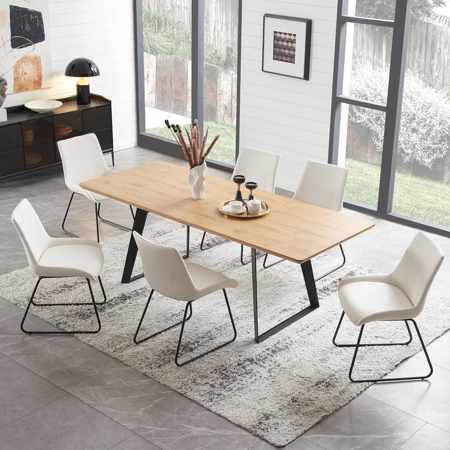 ZckyCine Modern Medieval Dining Table Set Dining Table and Chairs 6 People Rectangular Wooden Expansion Dining Table Space-Saving Multifunctional Dining Table