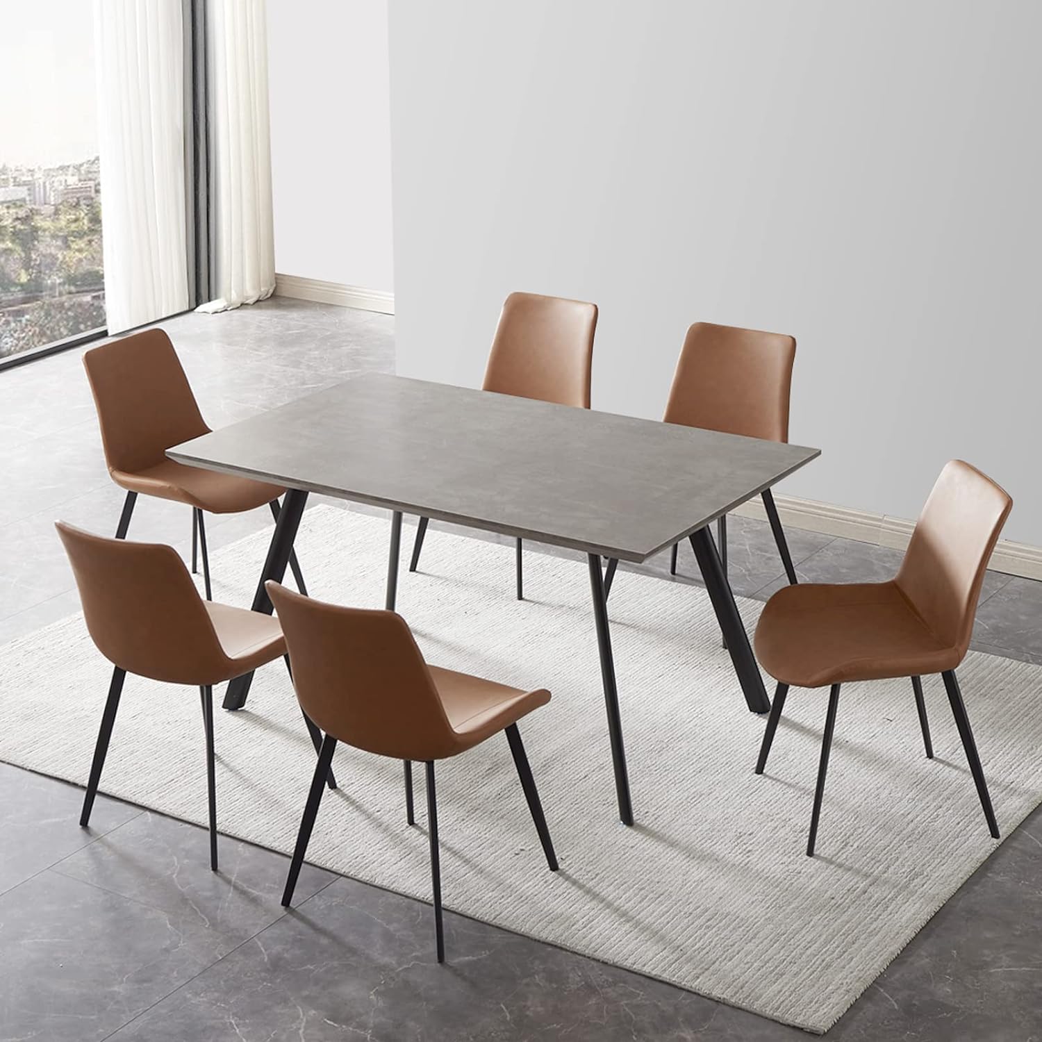 ZckyCine Modern mid-Century Dining Table 7-Piece Kitchen Table Set for 6 People Rectangular Wood Dining Table with 6 upholstered Leather Chairs