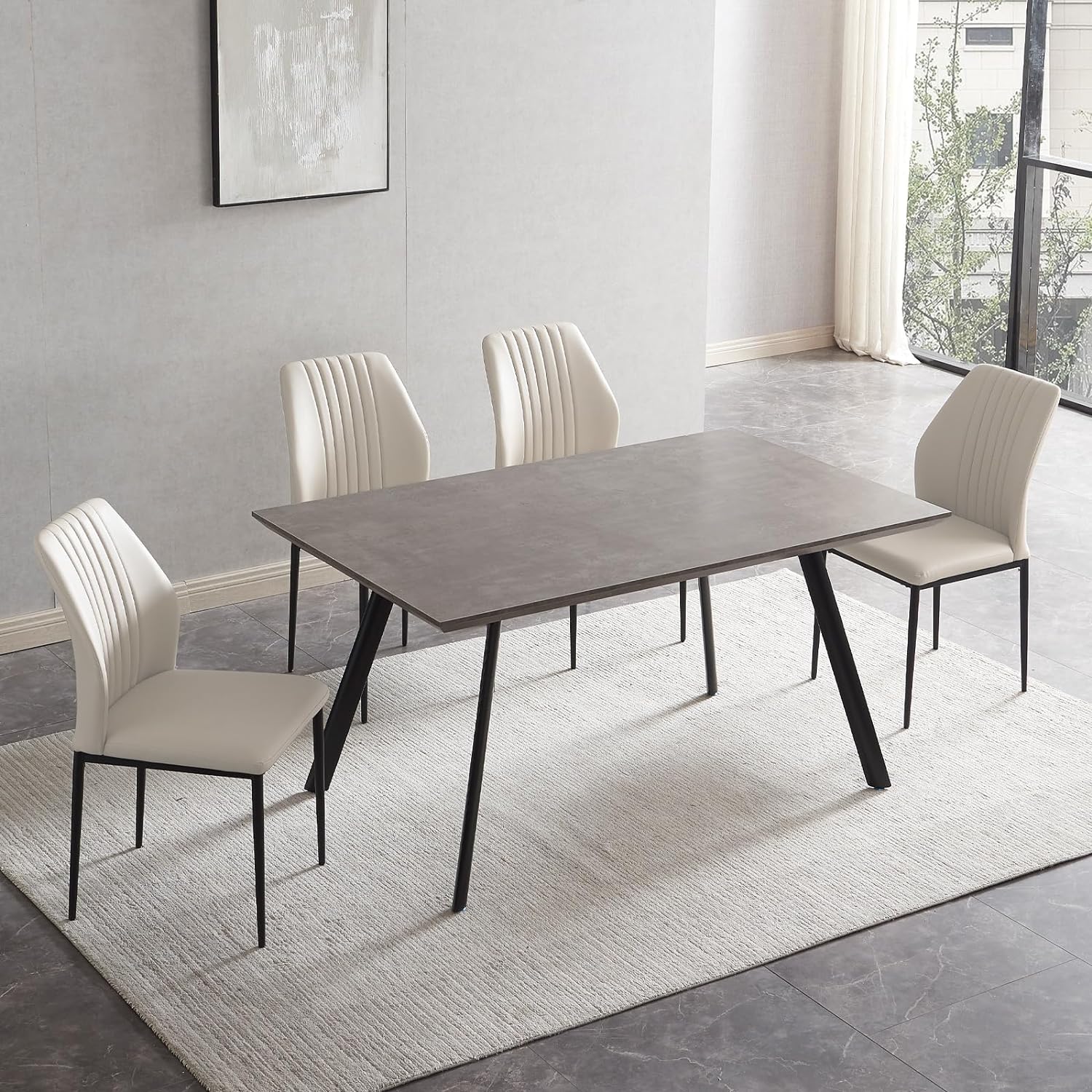 ZckyCine Modern Dining Table 5-Piece Kitchen Table Set for 4 People Rectangular Wood Dining Table with 4 upholstered Leather Chairs (47.2inches Table   4 White Chairs)