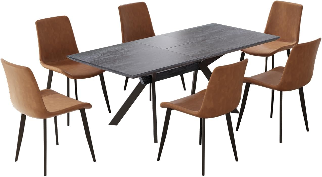 ZckyCine Dining Room Table Set 6-8 Person Kitchen Table and Chairs Modern Extendable Dining Table with 6 Leather Upholstered Dining Chairs