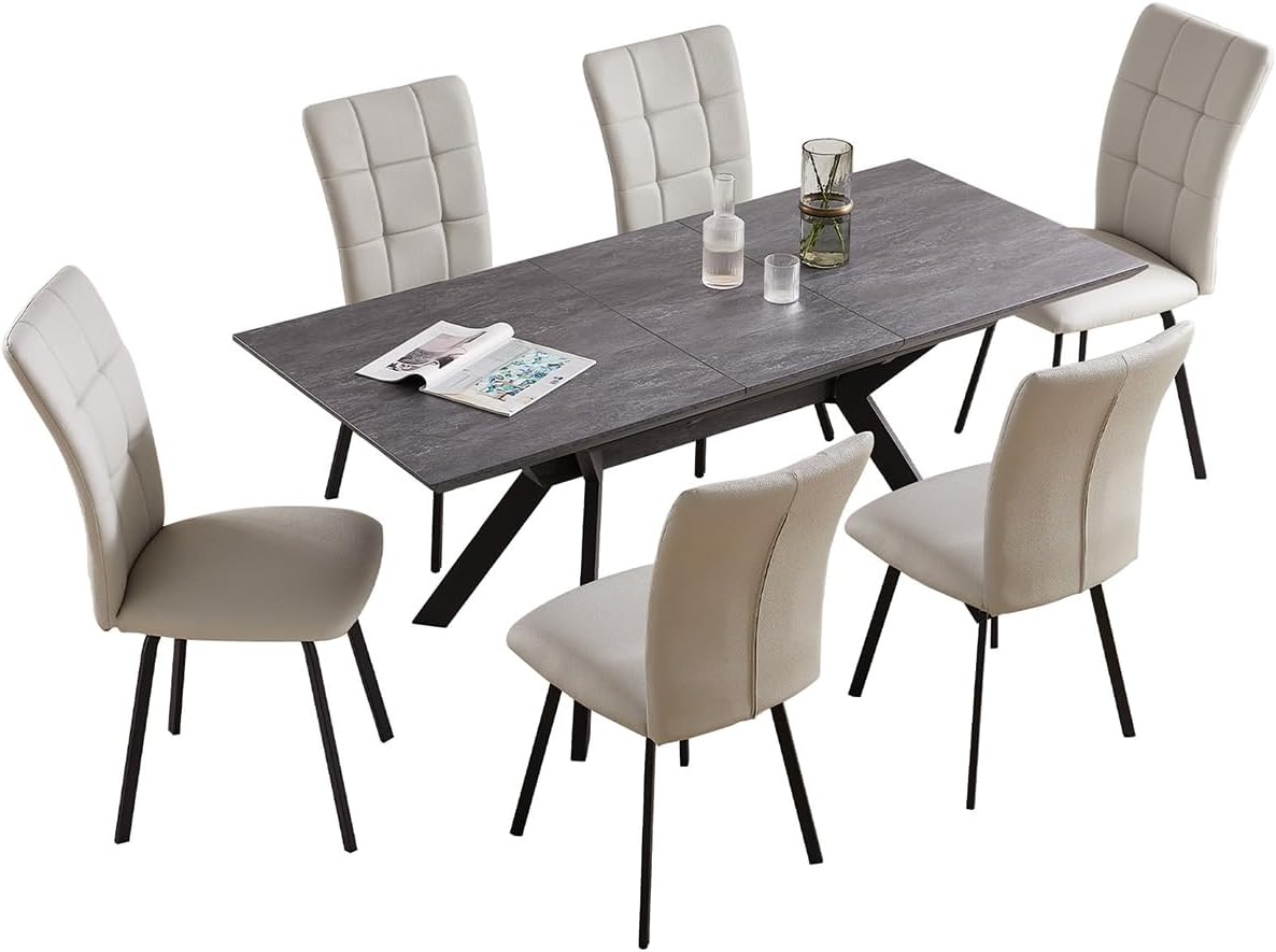 ZckyCine Dining Room Table Set 6-8 Person Kitchen Table and Chairs Modern Extendable Dining Table with 6 Leather Upholstered Dining Chairs