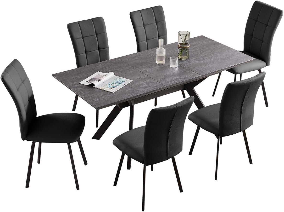 ZckyCine Dining Room Table Set 6-8 Person Kitchen Table and Chairs Modern Extendable Dining Table with 6 Leather Upholstered Dining Chairs