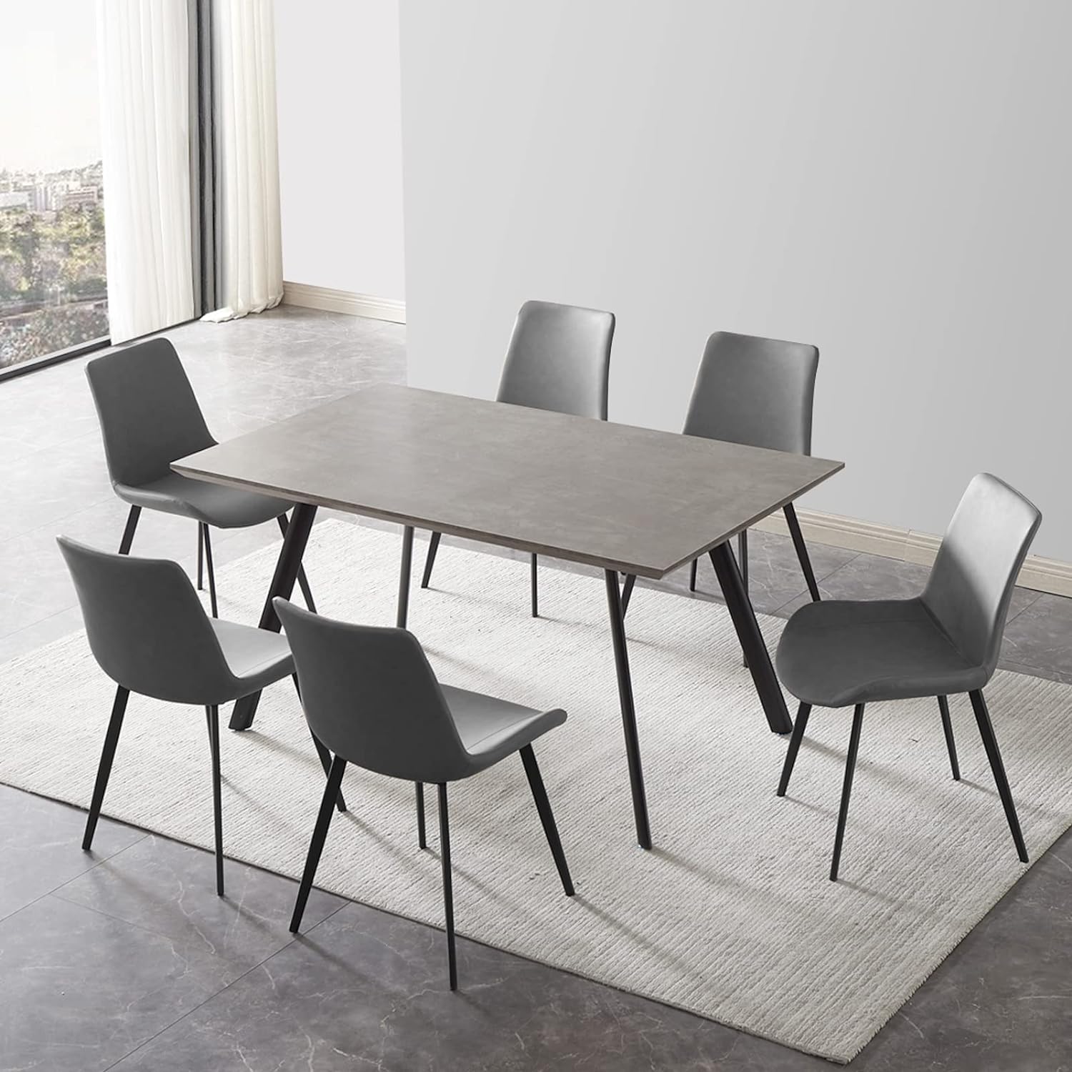 ZckyCine Modern mid-Century Dining Table 7-Piece Kitchen Table Set for 6 People Rectangular Solid Wood Dining Table with 6 upholstered Leather Chairs, Grey Table + 6 Grey Chairs, 59 inches table