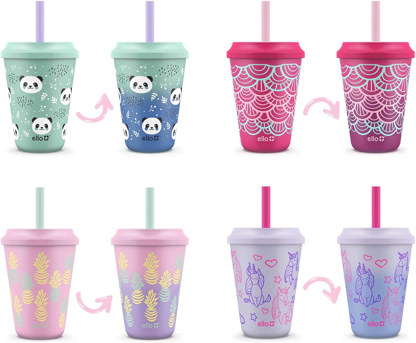 Ello Kids Plastic Reusable 12oz Chameleon Color Changing Cups With Twist on Lids and Straw