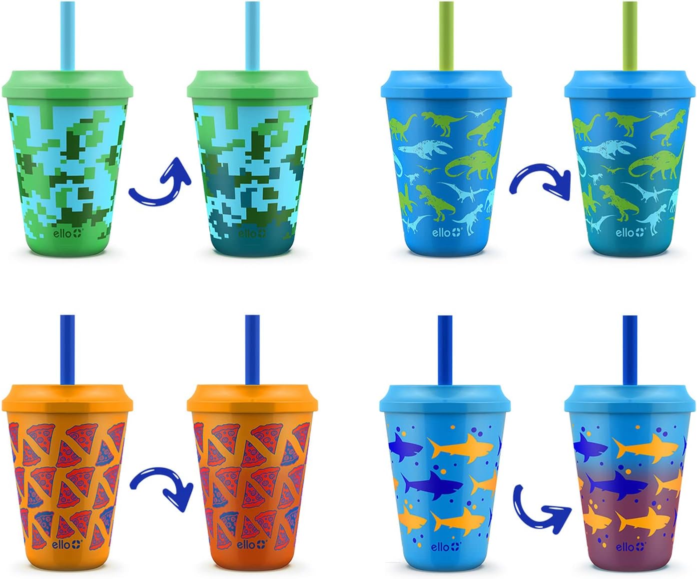 Ello Kids Plastic Reusable 12oz Chameleon Color Changing Cups With Twist on Lids and Straw