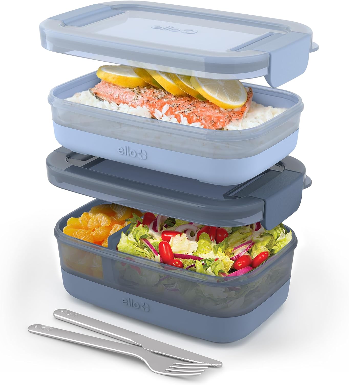 Ello 2-Pack Bento Box Lunch Stack Plastic Food Storage Container | Leak-Proof Locking Plastic Lids | Silicone Base | BPA-Free | Freezer Microwave and Dishwasher Safe | Blueberry