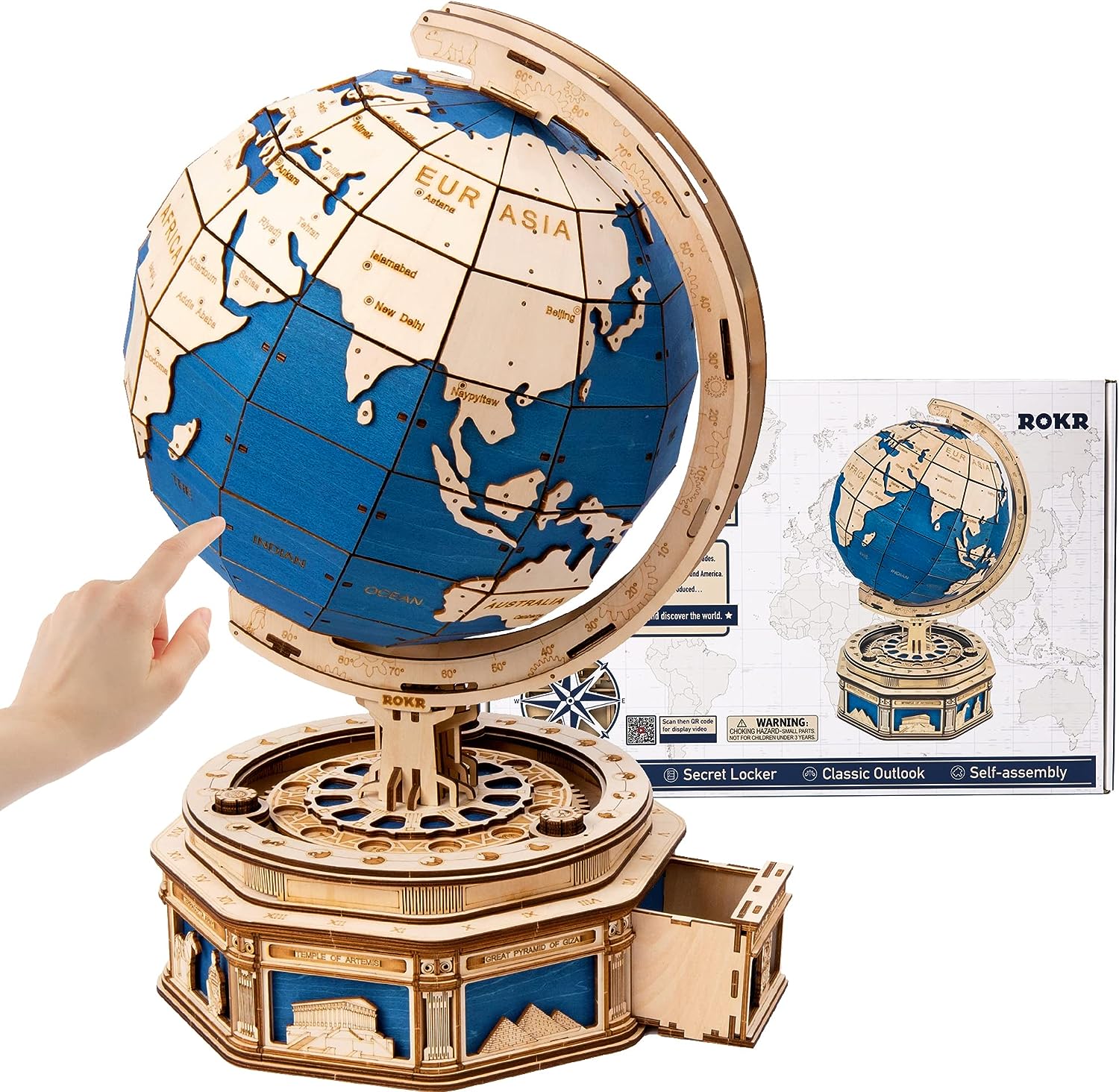 ROKR 3D Wooden Puzzle for Adults-Huge Globe Puzzle Box-Wood Model Kit to Build for Adults and Teens