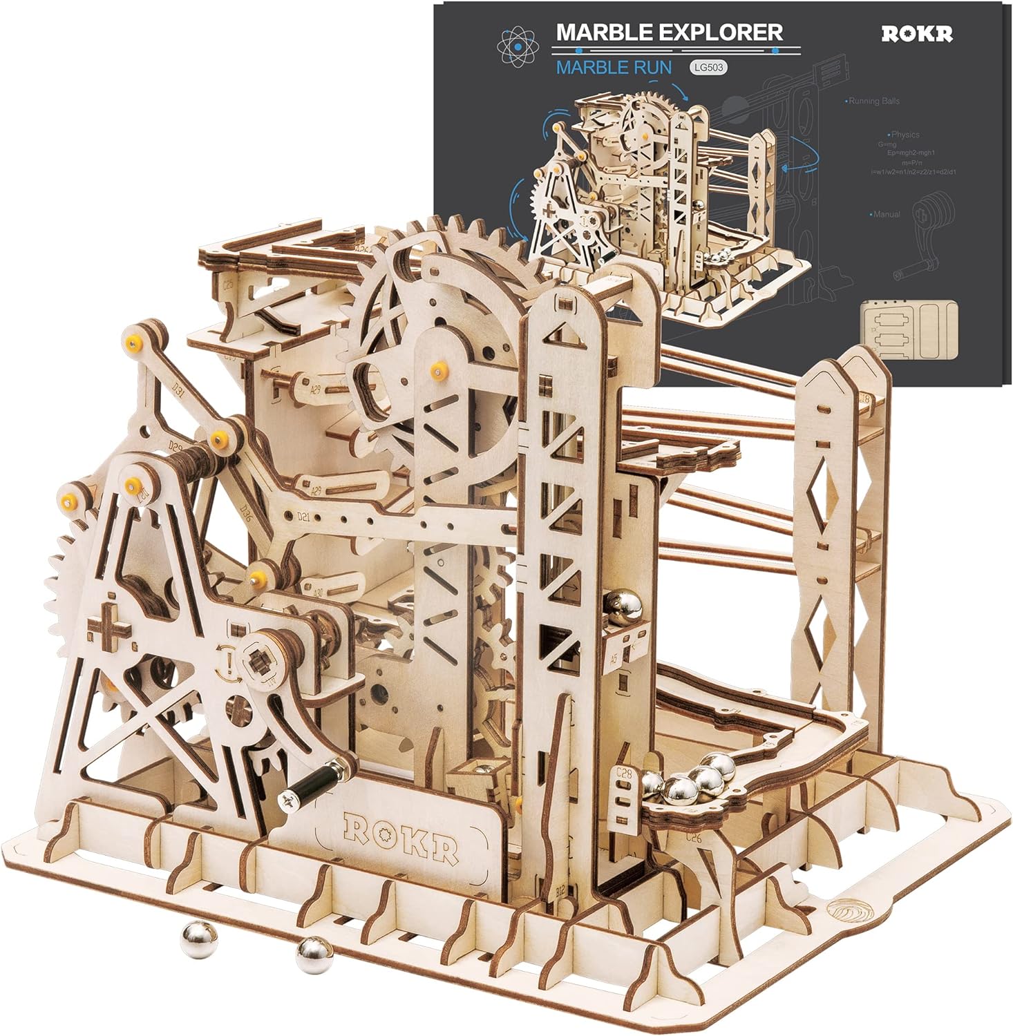 ROKR 3D Assembly Wooden Puzzle Brain Teaser Game Mechanical Gears Set Model Kit Marble Run Set Unique Craft Kits Christmas/Birthday/Valentine' Gift for Adults & Kids Age 14 (LG503-Lift Coaster)