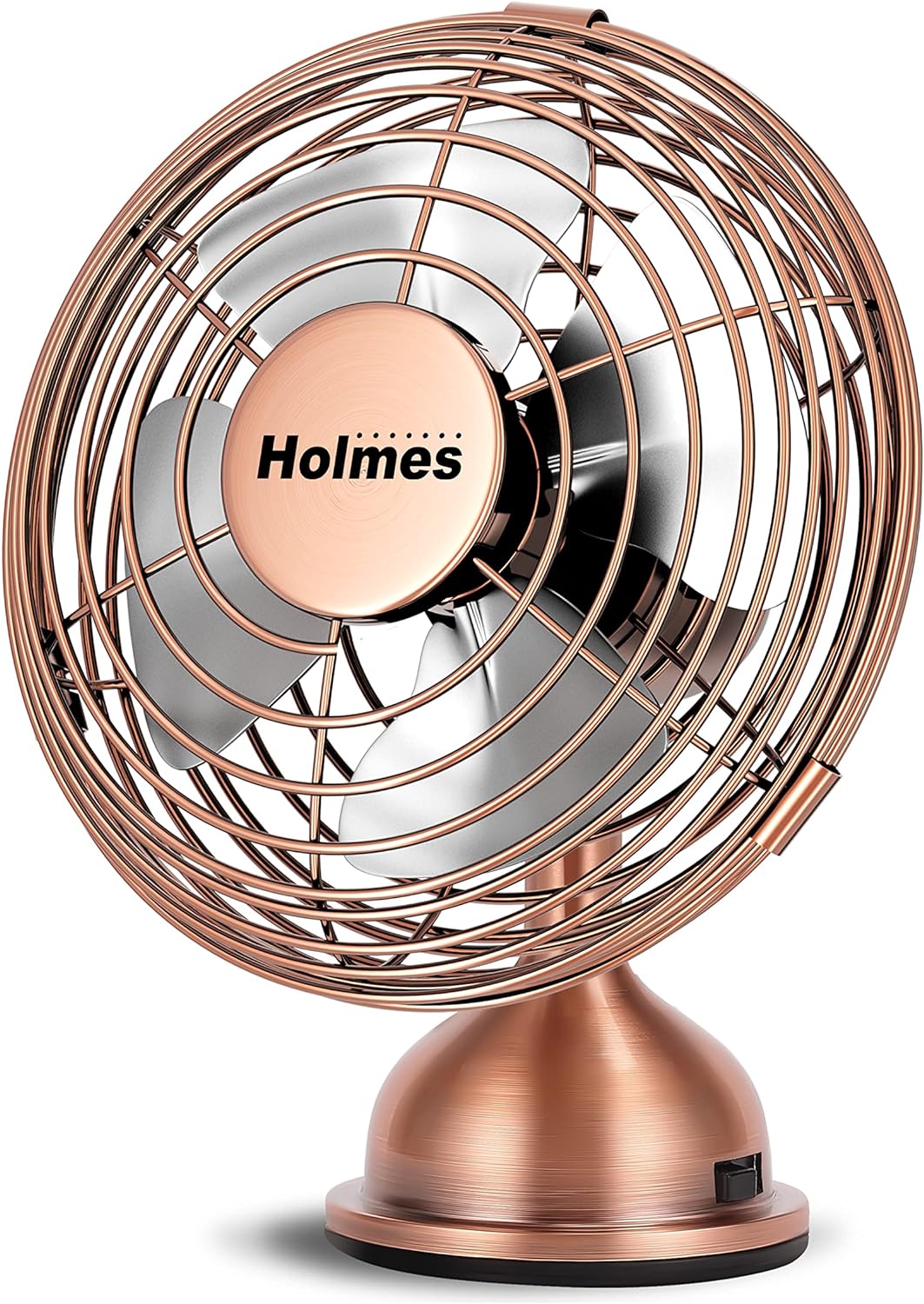 HOLMES 4 Mini Heritage Desk Fan, USB-Powered, Single Speed, 4 Blades, Adjustable 100 Head Tilt, Metal Construction, Ideal for Home, Dorm Rooms, Bedrooms, Office or Travel, Vintage Brushed Copper