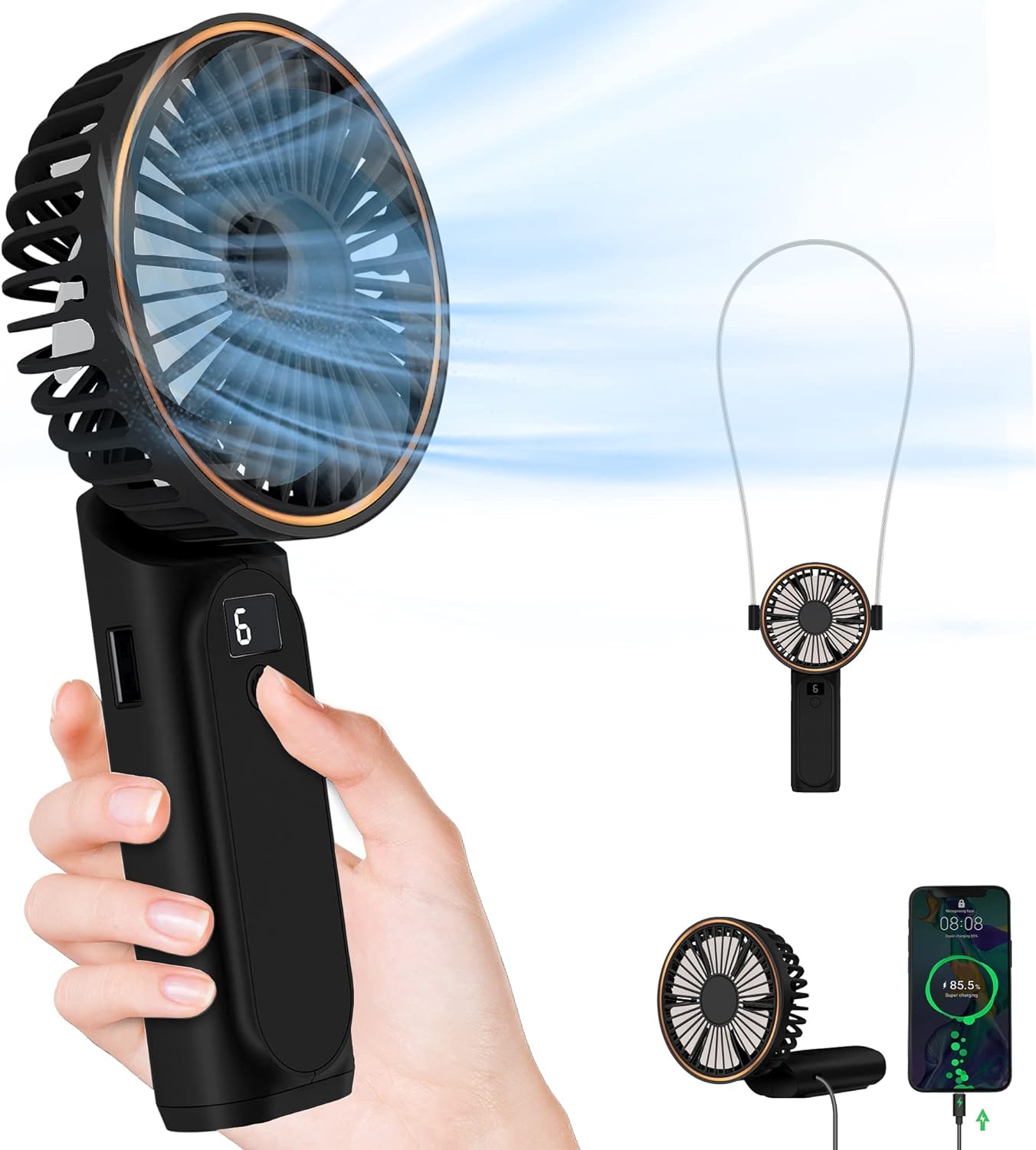 TUNISE Portable Handheld Fan, Portable Fan Rechargeable, 4000mAh, 180 Adjustable, 6 Speed Wind, Display Electricity in Real Time, USB Rechargeable Foldable Fan, Quiet Personal Fan with Power Bank